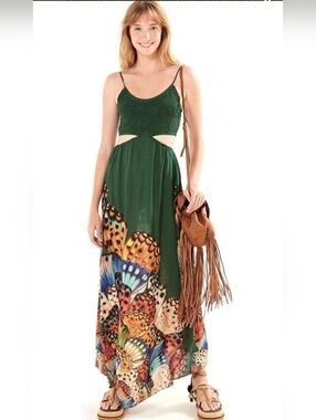 Farm Rio Brazil edition Green With Butterflies  Maxi Dress Sz Small Summer Beach